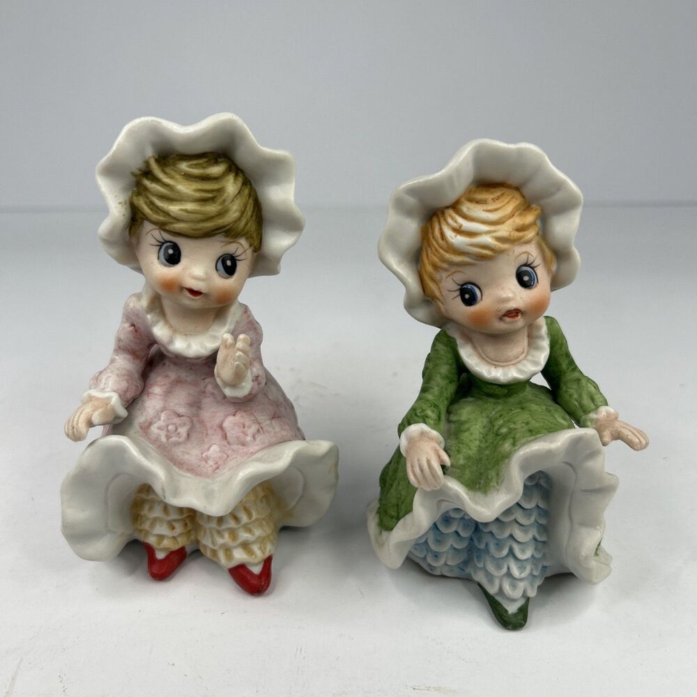 Vintage Porcelain Bonnet Girl Figurines Pair Pink & Green Ruffled Dresses